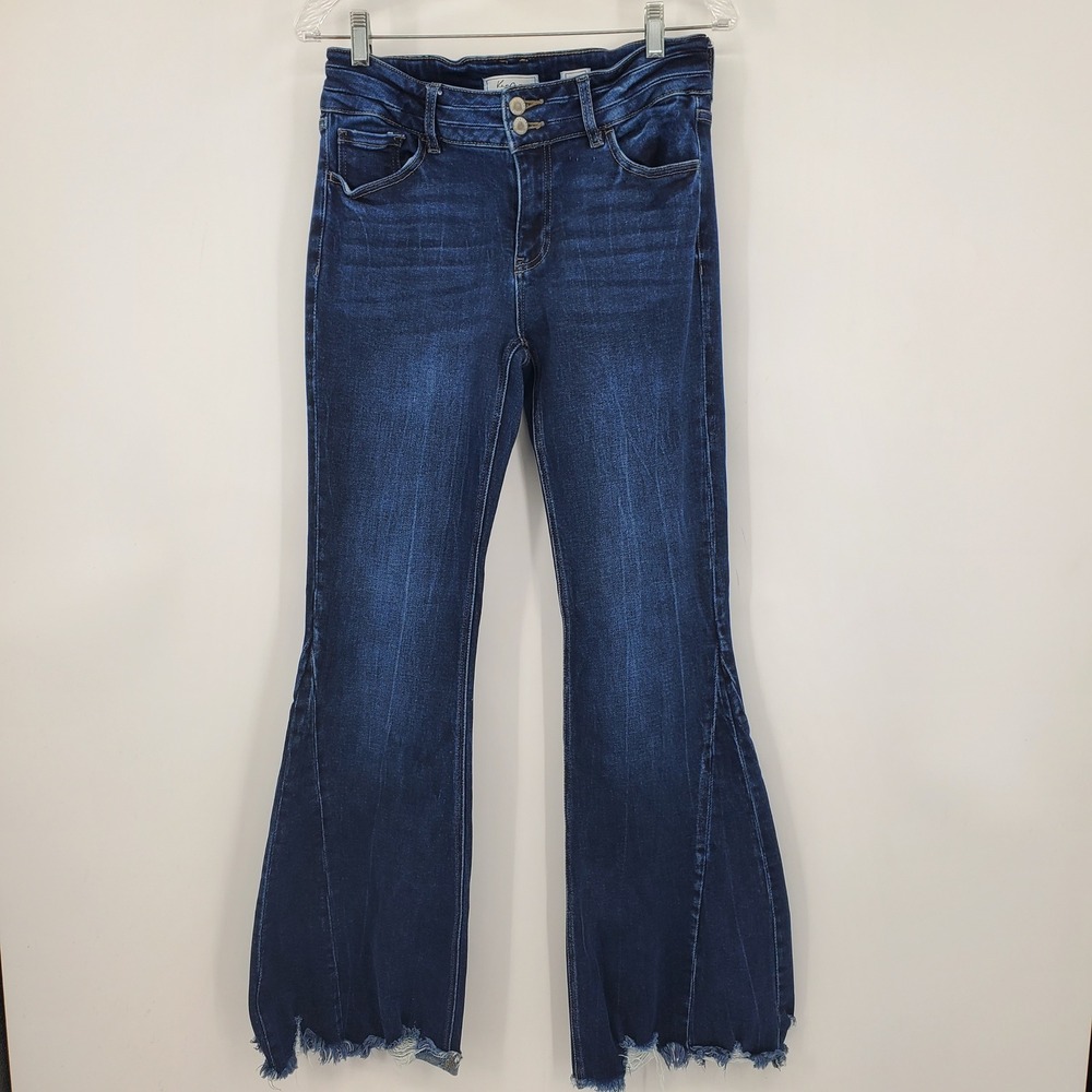 KanCan Signature Mid Rise Super Flare Jeans Dark Wash Raw Hem 28 Western Boho